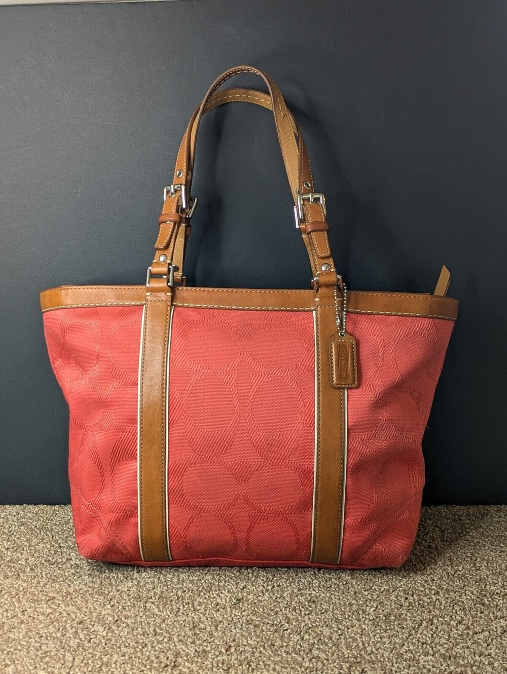 Coach Signature Gallery Tote Y2K Shoulder Bag Coral Jacquard Leather Trim